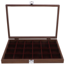 Organisateur de sachets de thé à compartiments marron foncé, en verre et bois, compact et élégant.