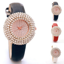 Naierhg Luxury Full Rhinestone Round Dial Faux Leather Strap Quartz Women Wrist Watch