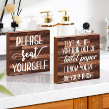 Lot de 2 panneaux de salle de bain style ferme, plaque en bois, décoration murale rustique, « Veuillez vous asseoir », marron