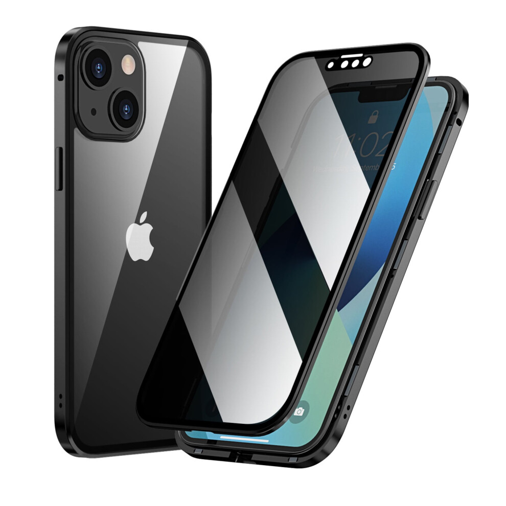Privacy Magnetic Case For Iphone 14 (6.1") Â Anti-Peeping Clear Tempered Glass, Metal Bumper Frame, 360 Protection, Black 9377112591582