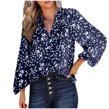 Damebluser med V-hals, blomstertrykk og smock, langermet chiffong, bohemsk topp, casual skjorter