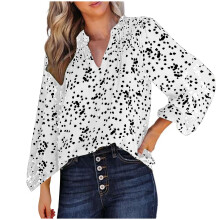 Damebluser med V-hals og blomsterprint, smockprint og lange ærmer i chiffon, afslappet stil, boheme-top