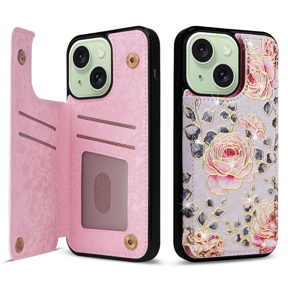 Iphone 13 Case Wallet With Card Holder, Rfid-Blocking Pu Leather Floral Flip Folio Kickstand, Double Magnetic Clasp, Rose 9377112595627