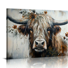 Tableau vintage sur toile représentant une vache des Highlands, avec cadre en bois