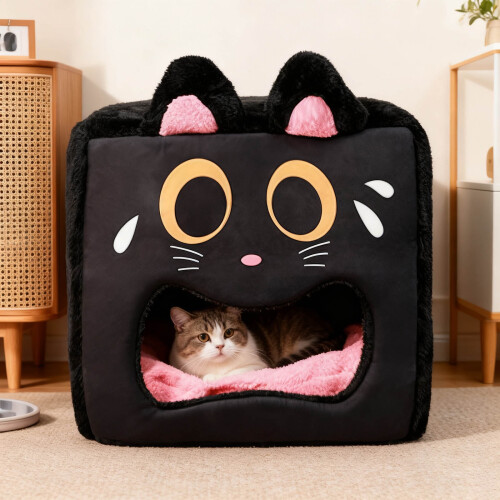 Cartoon Cat Bed Cave Tent – Warm Foldable Enclosure,