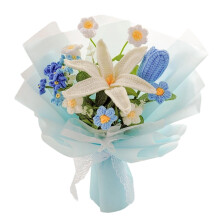 Bouquet de fleurs au crochet, lys bleus et tulipes avec carte