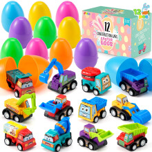 JOYIN 12-Pc Easter Eggs with Pull-Back Toy Cars – Colorful Pre-Filled Egg Hunt Toys, Basket Stuffers & Party Favors (Compatible with Easter)