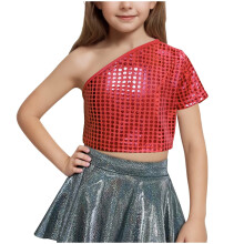 Girls One Shoulder Short Sleeve Tops Sequin Dancewear Summer Trendy Shirts Kids Sparkly Crop Top