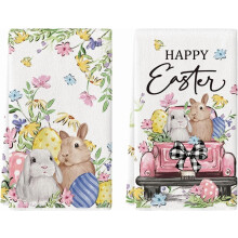 EASTER KITCHEN TOWELS SET OF 2, 18 X 26 INCH BUNNY BOW & EGGS FLOWER FARMHOUSE DESIGN, HOLIDAY DECORATION AND DISH DRYING HAND TOWELS