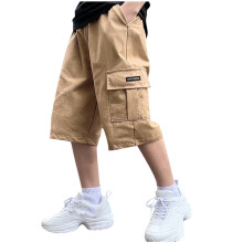 Boy's Baggy Cargo Shorts Straight Leg Cool Shorts Flap Pocket Letter Patched Short Khaki 8-9 Years
