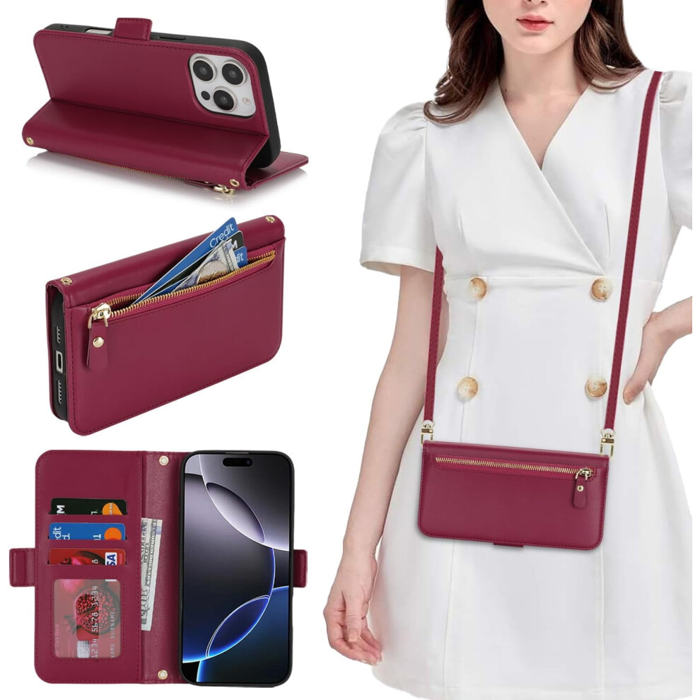 Wine Pu Leather Wallet Case For Iphone 16 Pro Max Â Zipper Pocket, Stand, Crossbody Lanyard & Card Slots, Compatible With Iphone 16 Pro Max Red 9193271212171