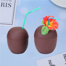 2PCS 500ML Hawaii-Themed Coconut Cups with Straw – Portable Beach & Bar Party Drinking Cups (Random Color)