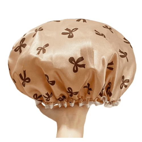 Premium Double-Layer Waterproof Shower Cap – Elegant Bow Design, Rose Gold 2