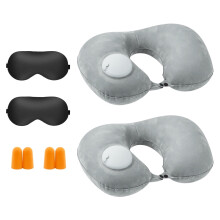 2PCS Inflatable Travel Pillow Set – U-Shaped Neck Pillow with Eye Mask, Earplugs & Carry Bag, for Airplanes, Travel & Lumbar Support, Gray