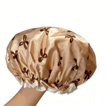 Premium Double-Layer Waterproof Shower Cap – Elegant Bow Design, Rose Gold