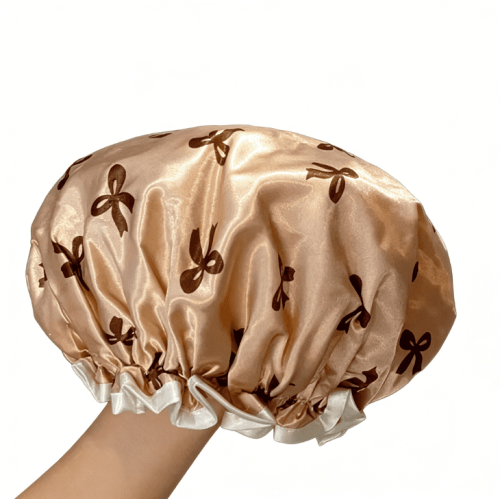 Premium Double-Layer Waterproof Shower Cap – Elegant Bow Design, Rose Gold