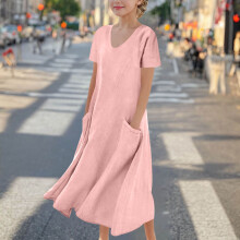 Pink Cotton-Linen Sundress for Girls Size 10-12, V-Neck, Short Sleeve, Maxi, Pockets, Loose Fit – Compatible with Summer & Beach
