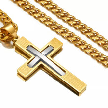 Men Cross Pendant Necklace Stainless Steel Crucifix Curb Chain Gold Black Silver-Silver Gold-20inch or 50cm