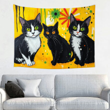 Cute Little Black Cats Tapestry, Watercolor Adorable Feline Wall Art for Bedroom, Living Room, Dorm, or Apartment Decor - 40x30in