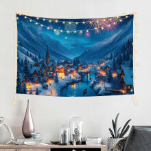 Snow-Capped Mountain Town Tapestry Christmas Fireworks Wall