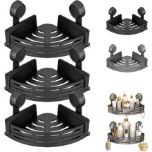 No-Drill Suction Cup Corner Shower Shelf, Rustproof Bathroom Storage Rack (Black, 3PCS)