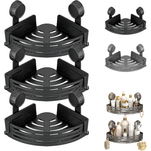 No-Drill Suction Cup Corner Shower Shelf, Rustproof Bathroom Storage Rack (Black, 3PCS)