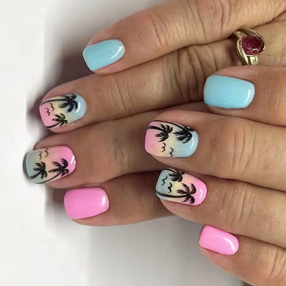 24 Pcs Coconuts Tree Stick on Nails Gradients Artificial Nails Short Square False Nails Glossy Press On Nails for Woman