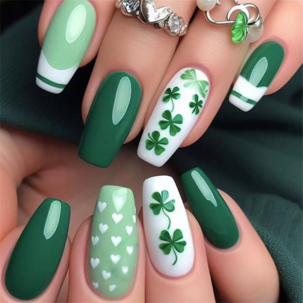 Patrick's Day Press On Nails With Unique Green Shamrock Designs Holiday Theme Stick on Nails for Women and Girls