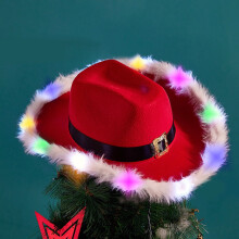Red Cowboy Hat with Feathers Christmas Red Cowboy Hat with Light Western Cowboy Red Hat Santa Claus Fur Trimmed Lights Hat