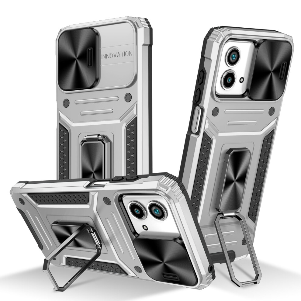 Motorola Moto G Stylus 5G 2023 Case With Slide Lens Cover, Military Drop Protection, Magnetic Ring & Kickstand Â Silver 9170372303908
