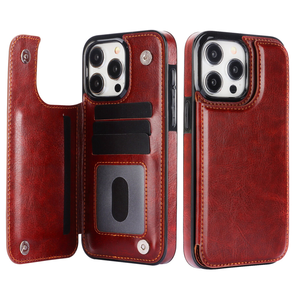 Iphone 16 Pro Wallet Case With Card Holder, Pu Leather Kickstand, Double Magnetic Clasp, Shockproof, Brown 9170372304219
