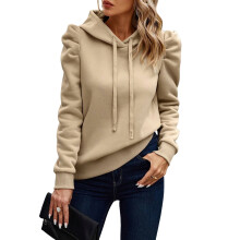 Damen-Hoodie, lässig, langärmelig, mit Rüschen, einfarbig, leicht, locker geschnitten, mit Kordelzug, Beige, Größe M