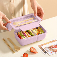 Boîte à bento en paille de blé – Compatible micro-ondes, étanche, 3 compartiments, empilable, réutilisable avec couverts | 20,5 x 12,5 x 7,5