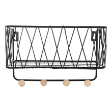 Wall Hanging Storage Basket with Hook Rack Wire Organizer Basket Rustic Wall Hooks Hanger for Home Bathroom Black 25. 5X16. 5CM