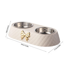 Double Stainless Steel Pet Bowls with Bowknot Decor, Non-Slip Mat & Bracket – for Small/Medium Dogs/Cats, White