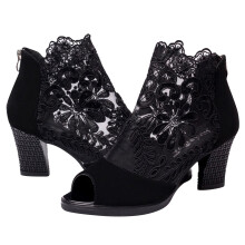 Summer Mesh Peep Toe Sandals Sexy Heels Single Shoes Women in Spring Pumps Gauze Mujer Platform Black 42