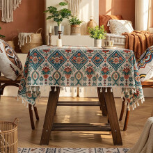 Chemin de table bohème en macramé 240 x 140 cm, coton-lin ivoire et marron jute, pompons, décoration pour cuisine/salle à manger/table à thé