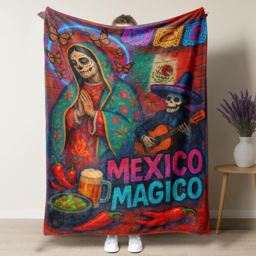 HELLOYOUNG Κουβέρτα Día De Los Muertos – Φανελένιο Ριχτάρι Sugar Skull, Μαλακό Φλις, Συμβατό με