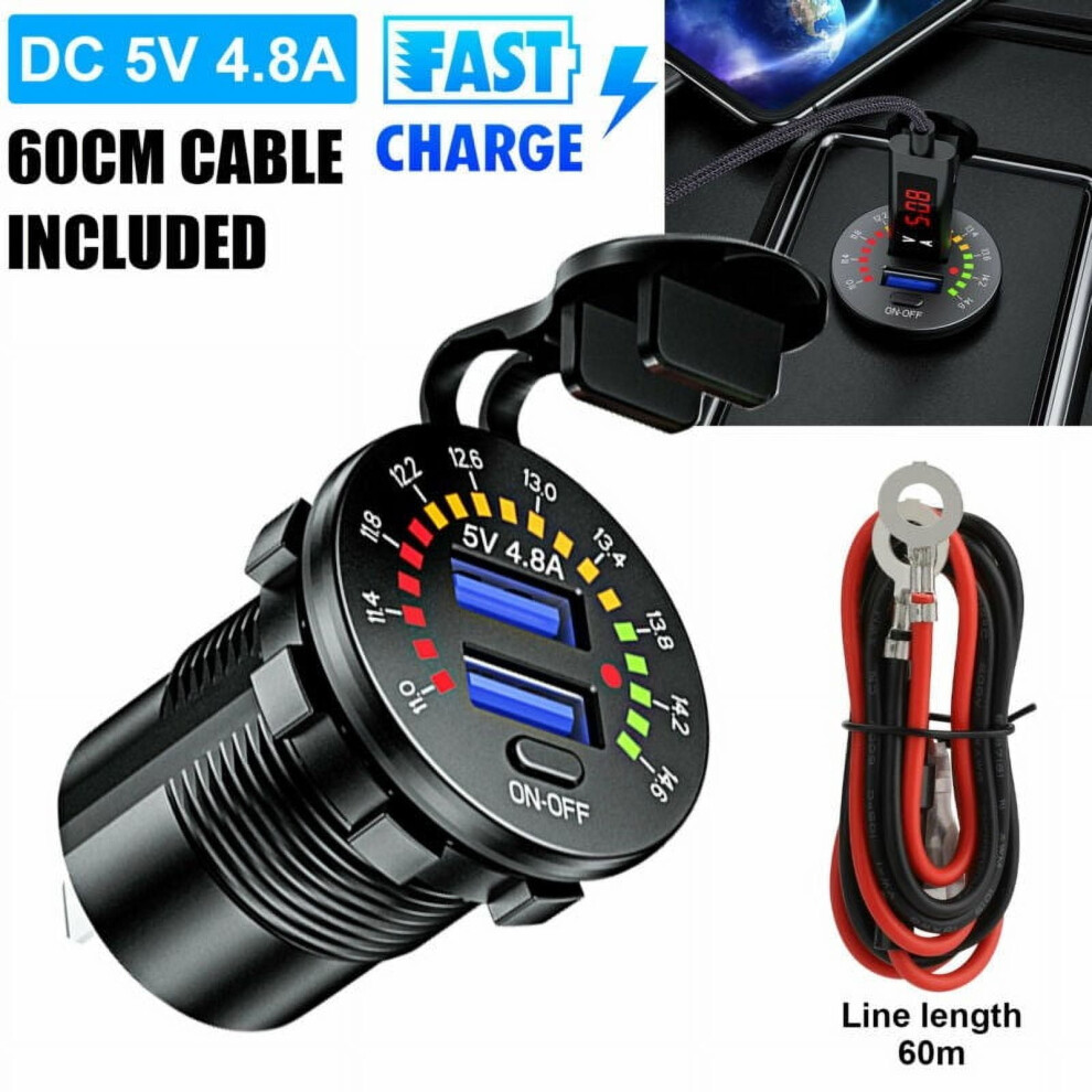 12V Dual Usb 4.8A Fast Car Charger Socket Power Outlet W/ Led Digital Voltmeter 9065194409641