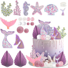 Mermaid Theme Glitter Cake Topper Set – Tail, Seahorse, Starfish & Ornaments for Birthday Cakes