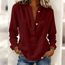 Women's Linen Blouse V Neck Long Sleeve Button Down
