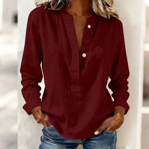 Women's Linen Blouse V Neck Long Sleeve Button Down