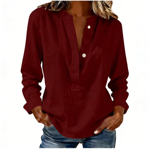 Women's Linen Blouse V Neck Long Sleeve Button Down 1
