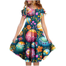 Robe de Pâques pour fille, manches courtes, col rond et taille imprimée