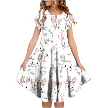 Girls Easter Dress Short Sleeve Flutter Sleeve Round Neck with Easter Print Waist Tie Pocket Tiered Casual and Festive Style