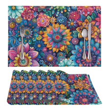 Jogo Americano Boho Mandala Floral Antiderrapante em PVC-Poliéster - 6 peças