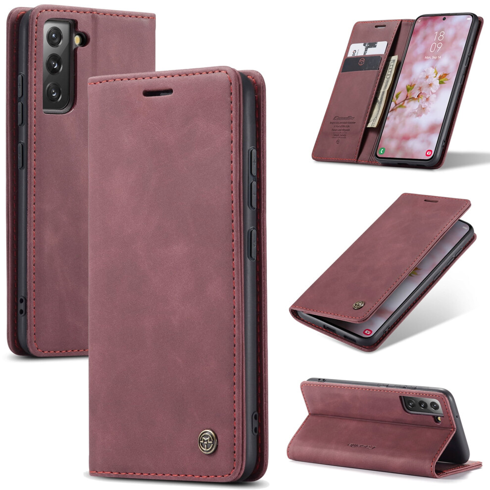 Slim Pu Leather Wallet Case For Samsung Galaxy S22 5G 6.1", Magnetic Closure, Id/Card Slots, Shockproof, Kickstand, Winered 9377112598253