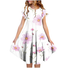 Robe fleurie pour fille, manches papillon, col rond et poche