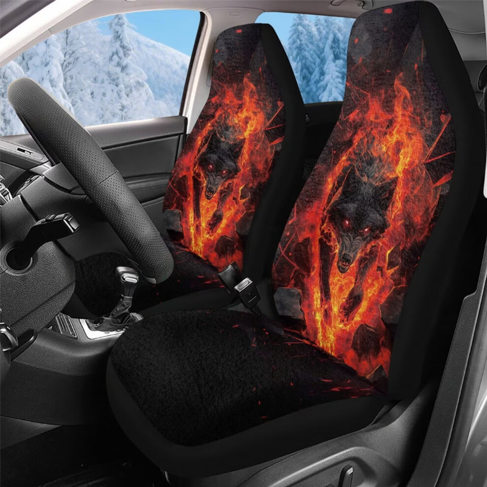 Car Seat Covers Set Of 2, Auto Accessories Decor, Universal Soft Blanket Cloth Fire Wolf Print Seat Cover Front Set Fit For Most Automotive Truck Suv Coral 9422877505562