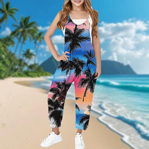 Women's Sleeveless Palm Print Hawaiian Romper with 1